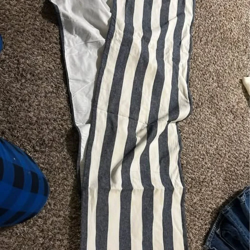 Pottery barn, blue, and white stripe table runner